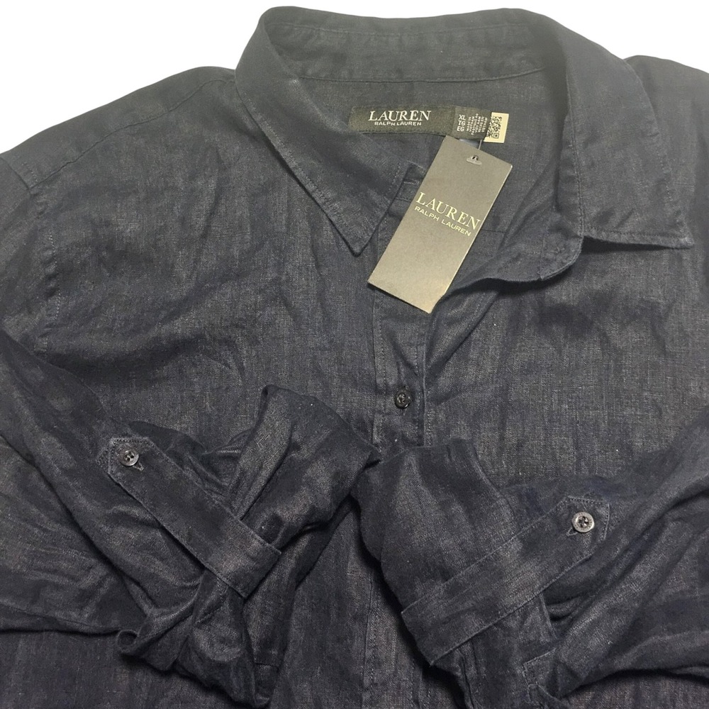 Lauren Ralph Lauren Relaxed Fit 100% Linen Roll Tab Sleeves Shirt Navy Women XL - Picture 8 of 13